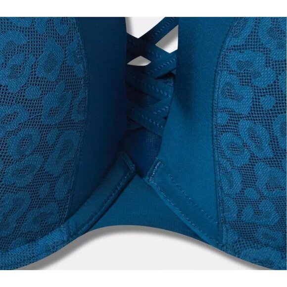 New Torrid Curve Plunge Push Up Bra Sz 44DDD Blue Animal Print Underwire Padded - Picture 2 of 8